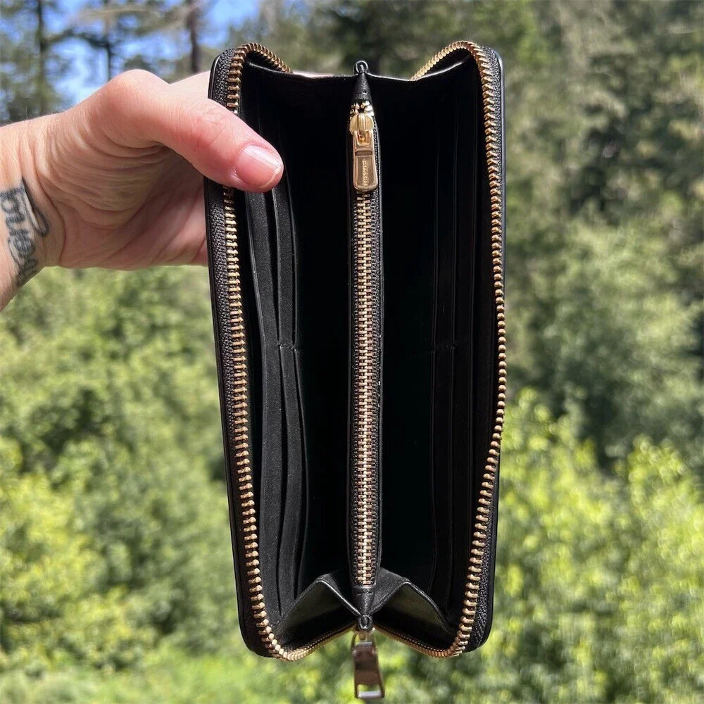 COACH Long Zip-Around Wallet Smooth Black Calf Leather w Gold Hardware AUTHENTIC
